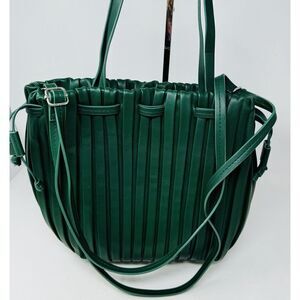 Green Faux Leather Pleated Drawstring Bucket Bag Shoulder Crossbody